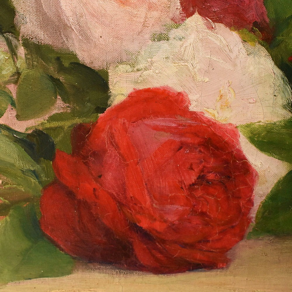 QF783 7 antique floral roses painting flower oil still life XIX